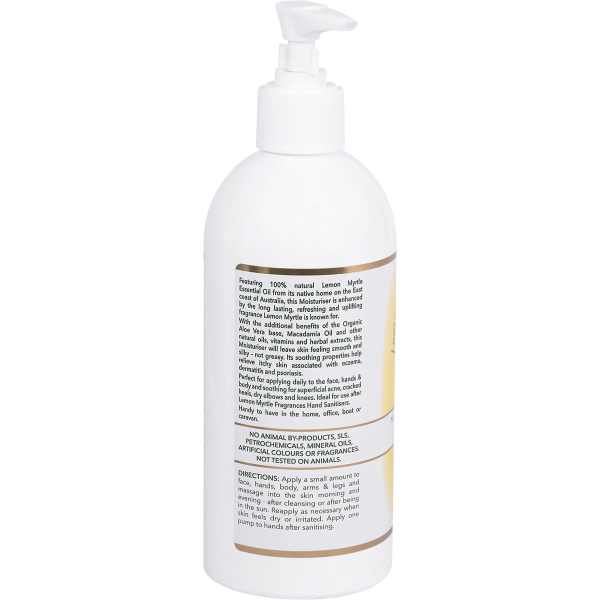 500ml bottle of Lemon Myrtle Fragrances Moisturiser with a pump dispenser and botanical label on a white background.
