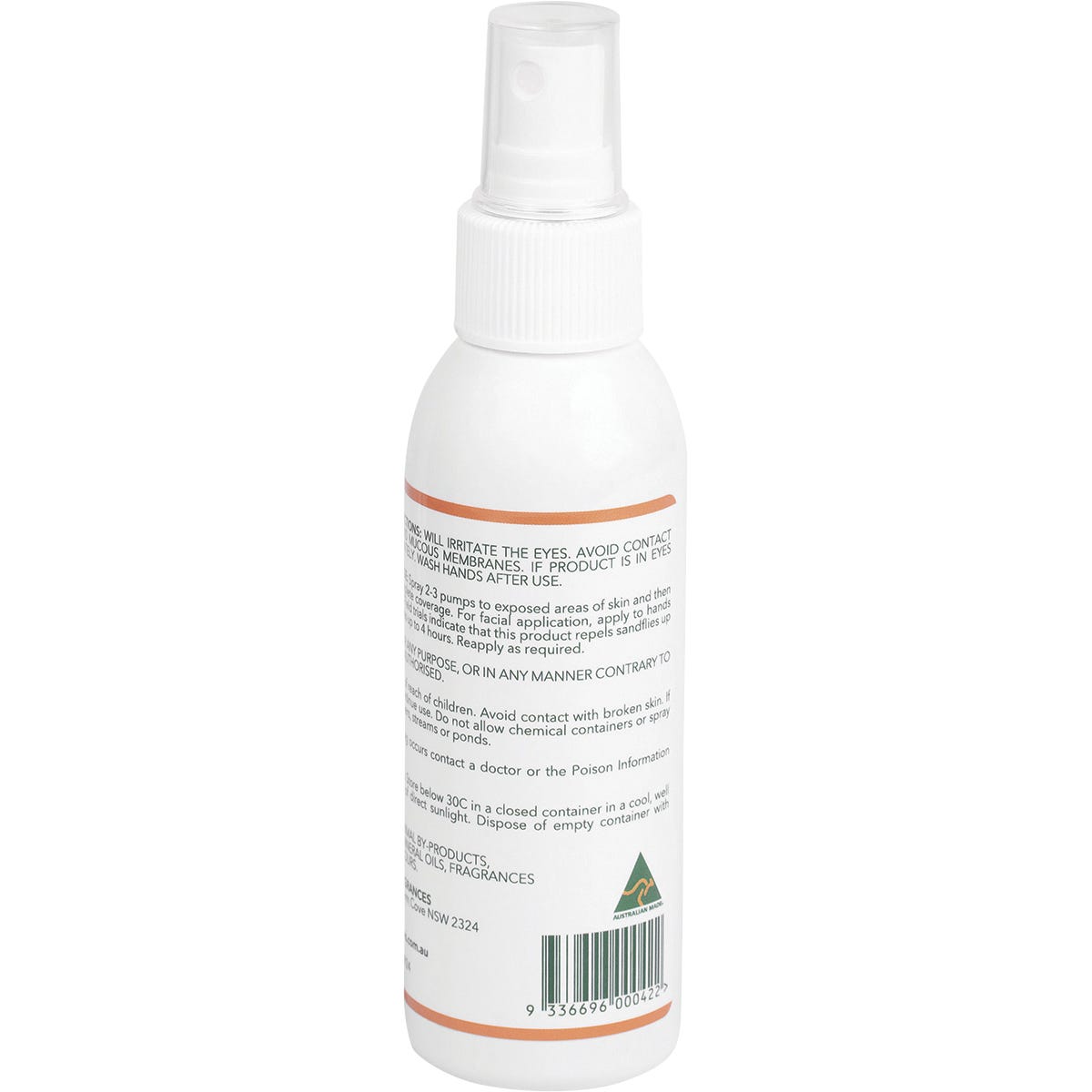 Lemon Myrtle Fragrances Mozzie & Sandfly Repellent 125ml spray bottle with a green and yellow label.