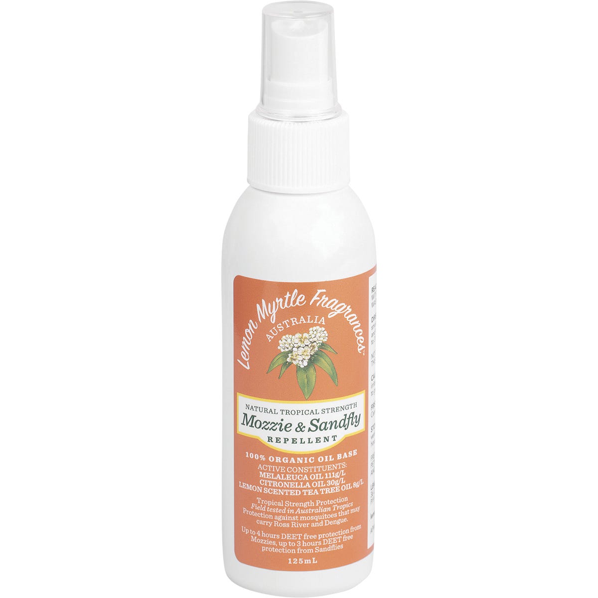Lemon Myrtle Fragrances Mozzie and Sandfly Repellent 125ml spray bottle with a green and yellow label.