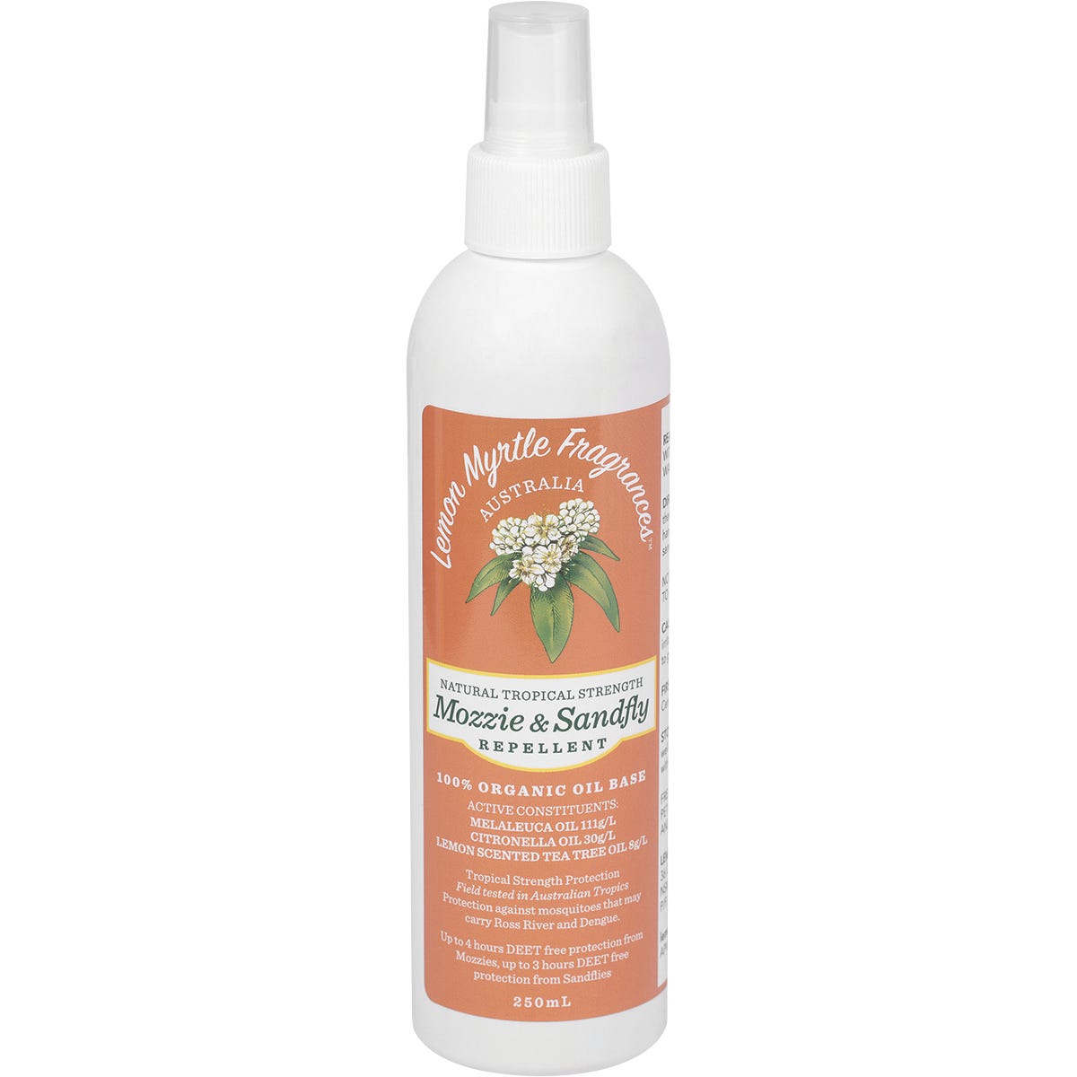 Lemon Myrtle Fragrances Mozzie and Sandfly Repellent 250ml spray bottle with a green and yellow label.