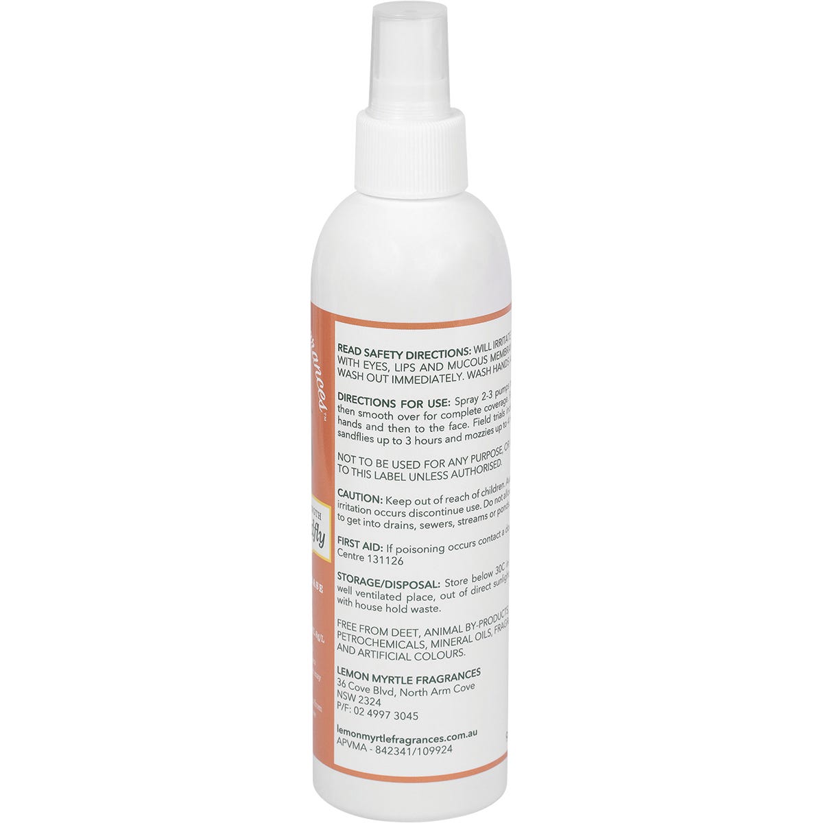 Side view of a 250ml Lemon Myrtle Fragrances Mozzie and Sandfly Repellent spray bottle with a green and yellow label.