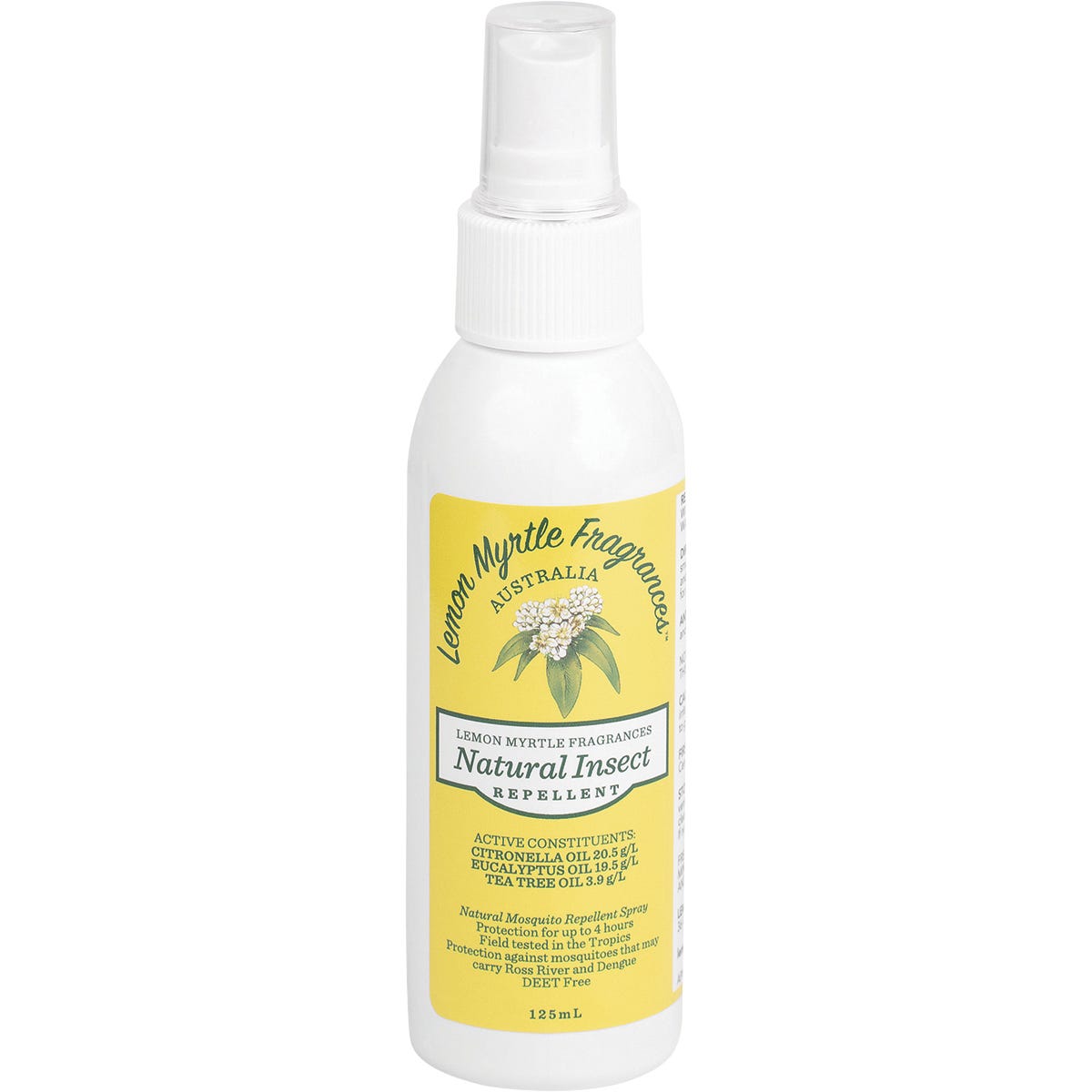 Lemon Myrtle Fragrances Natural Insect Repellent 125ml spray bottle with a white and yellow botanical label.