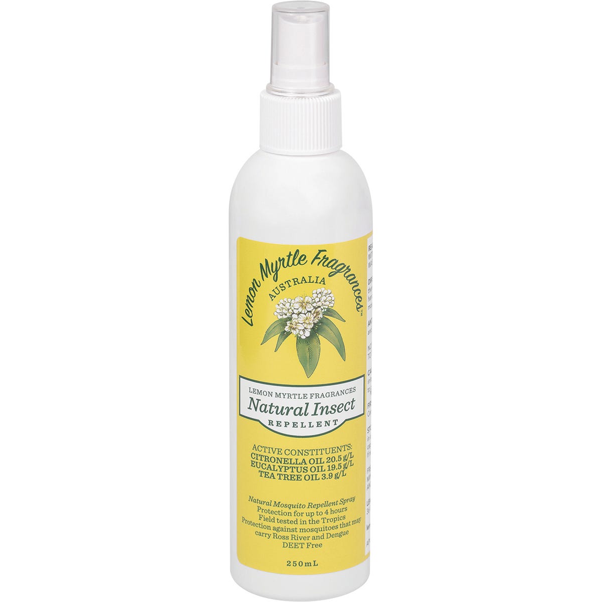 250ml spray bottle of Lemon Myrtle Fragrances Natural Insect Repellent with a clear cap on a white background.