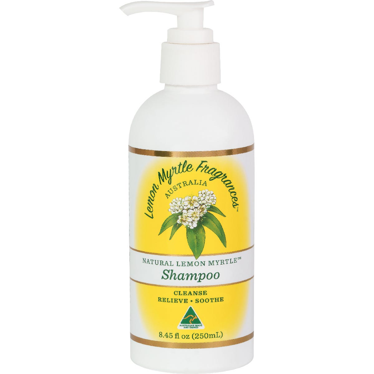 Lemon Myrtle Fragrances Shampoo 250ml in a white bottle with a yellow lemon myrtle leaf design.