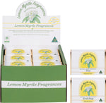 Box of 24 Lemon Myrtle Fragrances soap bars, including mixed plain and exfoliant 100g varieties.