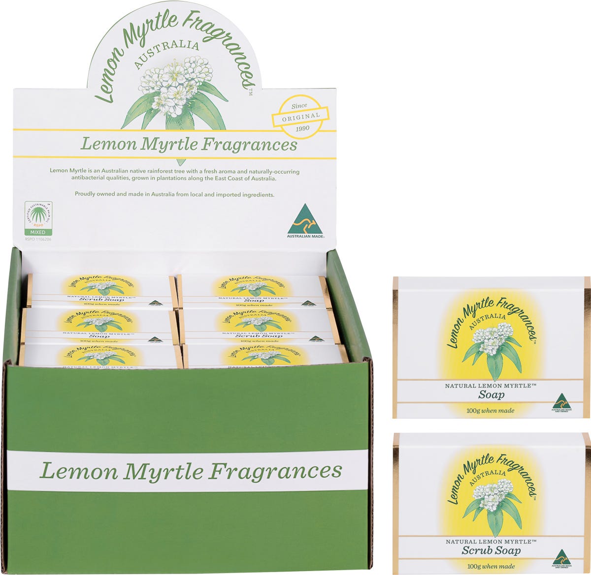 Box of 24 Lemon Myrtle Fragrances soap bars, including mixed plain and exfoliant 100g varieties.