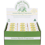 A 100g bar of Lemon Myrtle Fragrances soap in a yellow and green wrapper, featuring a lemon myrtle leaf illustration.