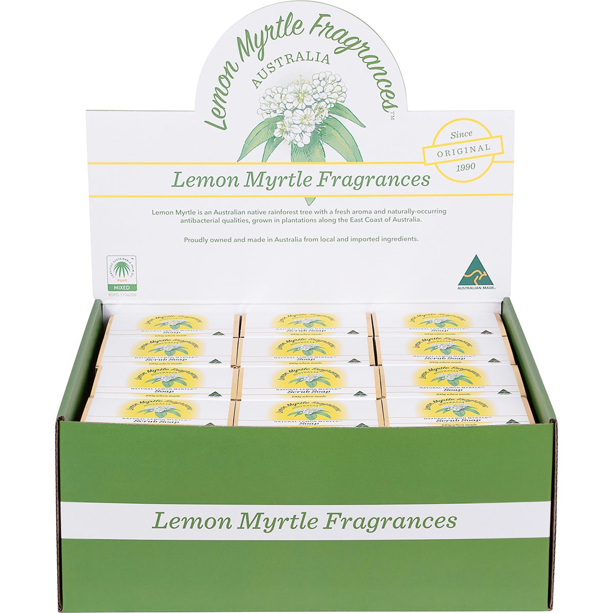 A 100g bar of Lemon Myrtle Fragrances soap in a yellow and green wrapper, featuring a lemon myrtle leaf illustration.