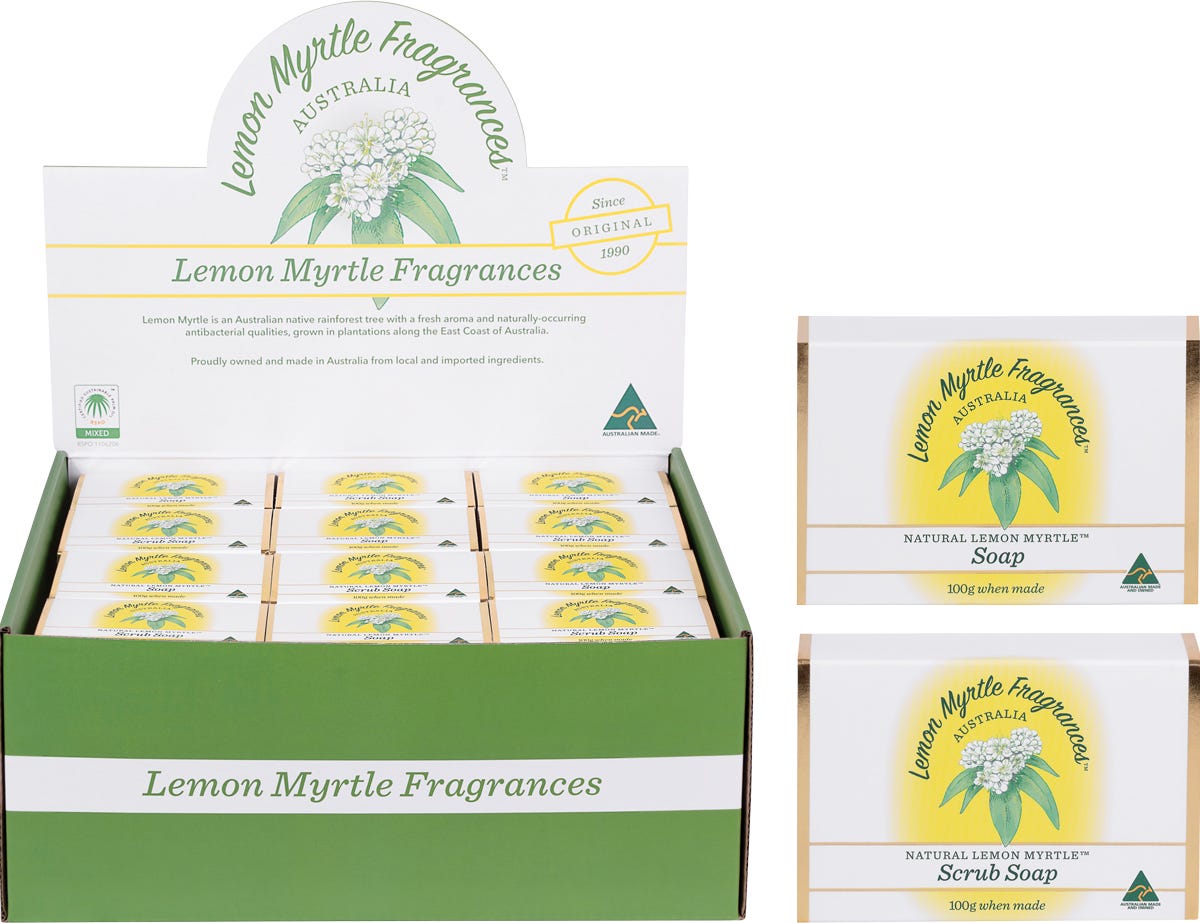 Box of 48 Lemon Myrtle Fragrances soap bars, including mixed plain and exfoliant 100g varieties.