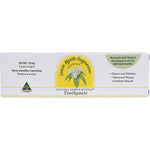 150g tube of fluoride-free Lemon Myrtle Fragrances natural toothpaste with a white and green label and flip-top cap.