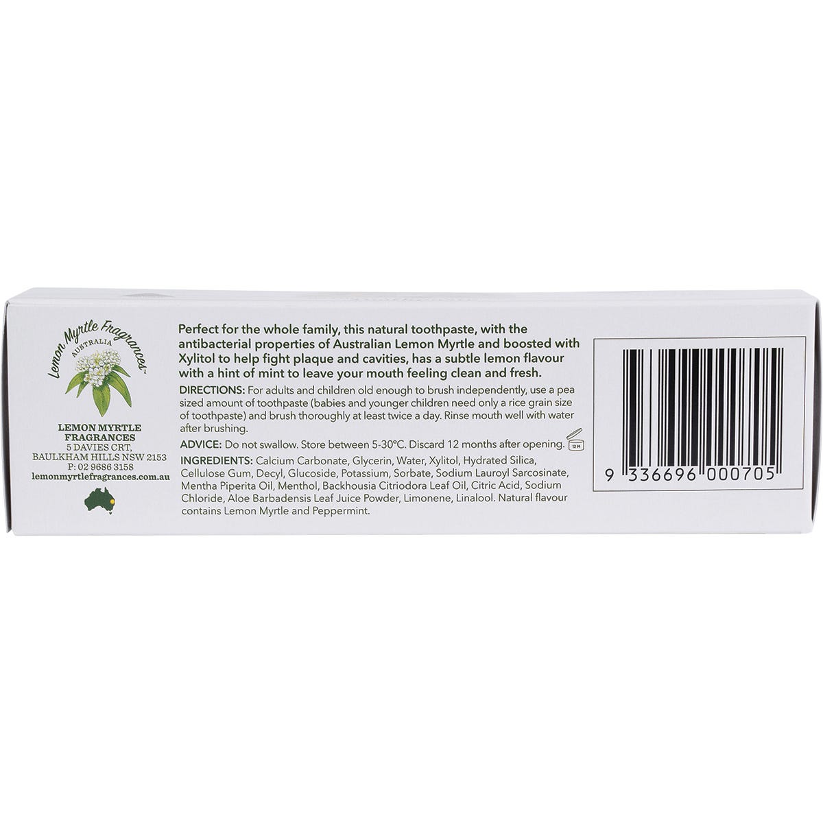 Side view of 150g Lemon Myrtle Fragrances fluoride-free toothpaste tube highlighting its natural ingredients.