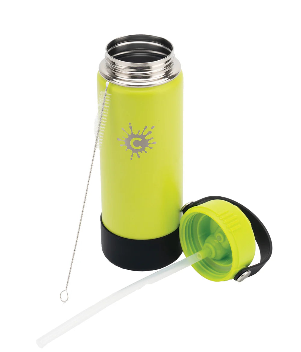 Open lime green 750ml Cheeki Adventure water bottle showing the wide-mouth design and black straw lid.