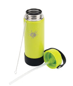 Open lime green 750ml Cheeki Adventure water bottle showing the wide-mouth design and black straw lid.