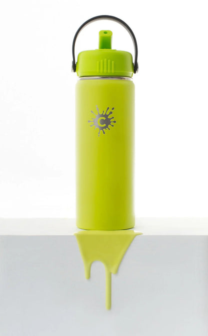 Lime green Cheeki Adventure stainless steel bottle with a black straw lid and chip-resistant powder coat.