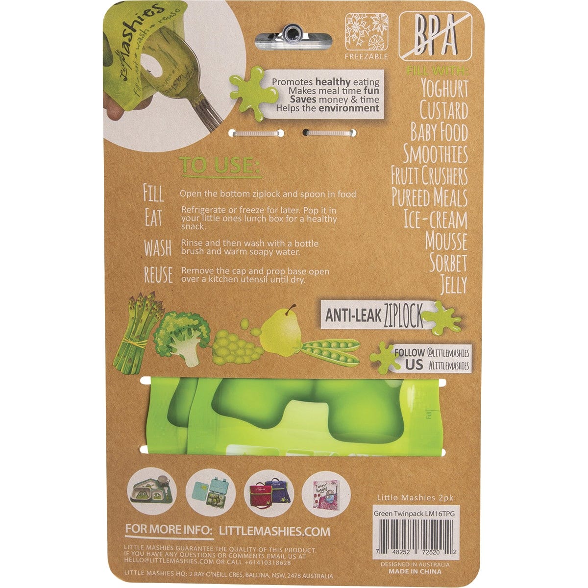 Little Mashies Reusable Squeeze Pouch Green 130ml (Pack of 2) Payless 4 Organics