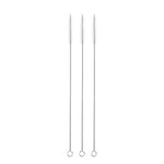 Three Little Mashies straw cleaning brushes with stainless steel handles and white nylon bristles on a white background.