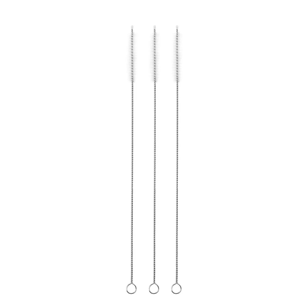 Three Little Mashies straw cleaning brushes with stainless steel handles and white nylon bristles on a white background.