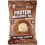 Macro Mike Choc Coconut Lamington Protein Indulgence Ball in a 40g white wrapper with blue and brown accents.