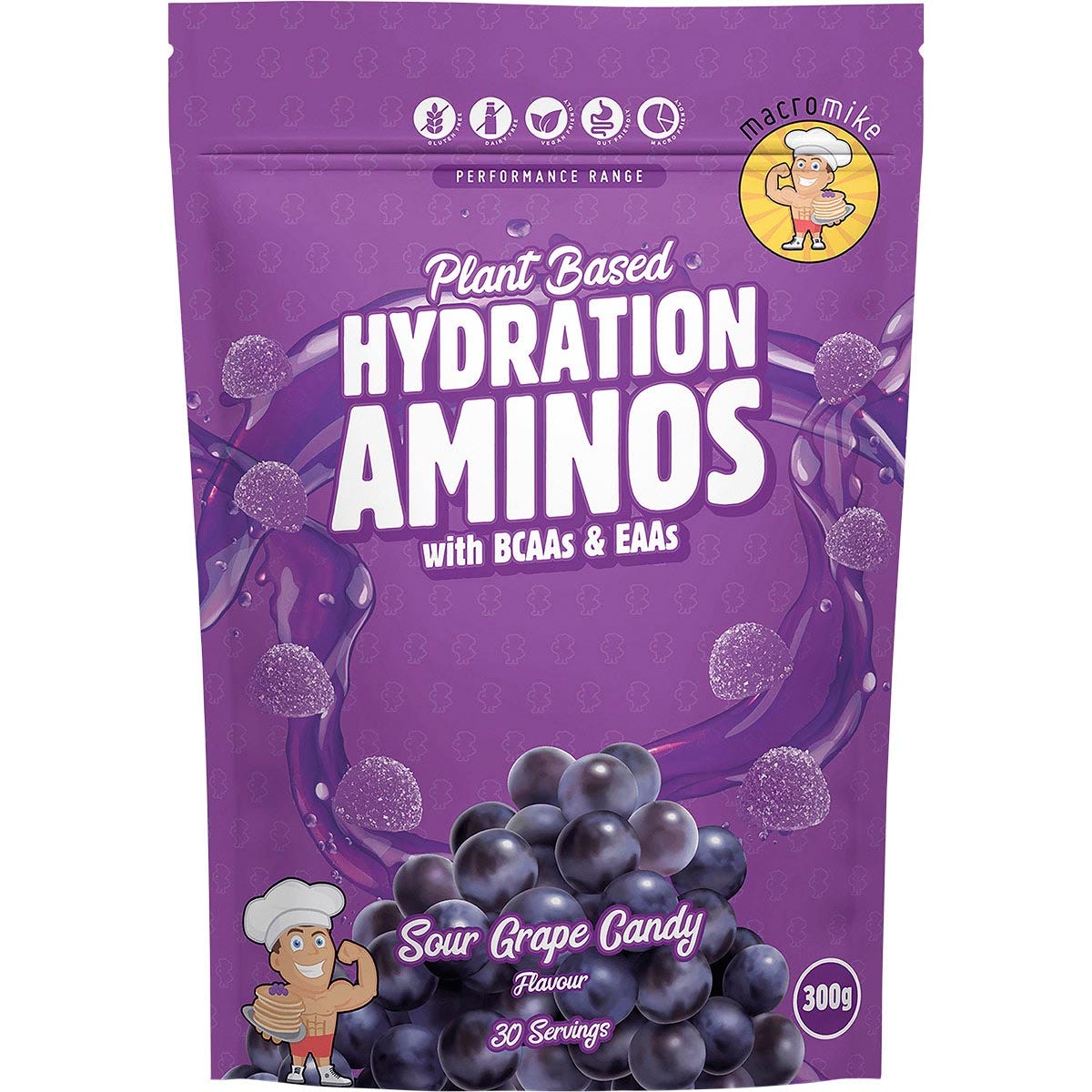 300g bag of Macro Mike Sour Grape Candy Hydration Aminos featuring a purple grape and candy design.