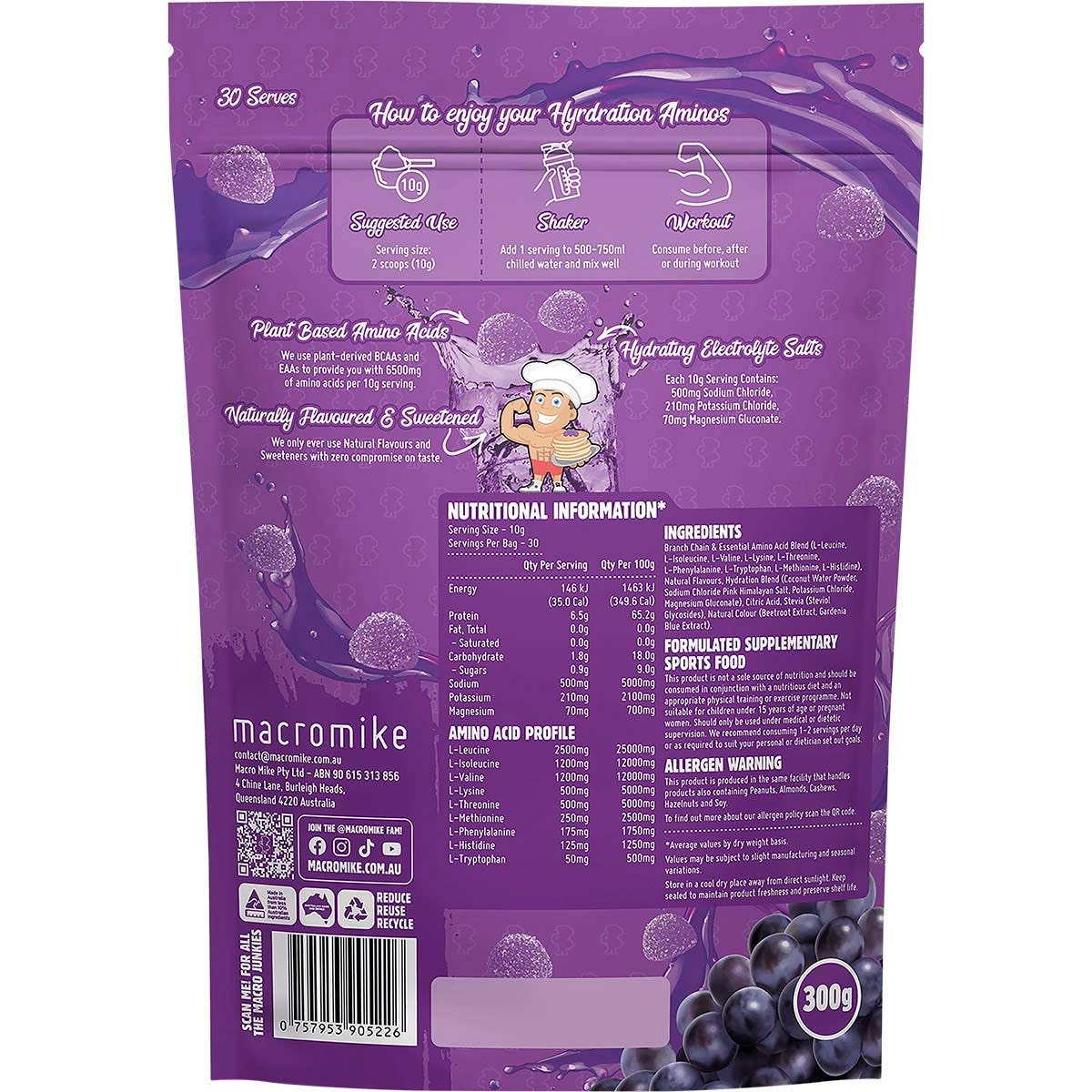 Back of Macro Mike Sour Grape Hydration Aminos bag showing nutritional information and plant-based ingredients.