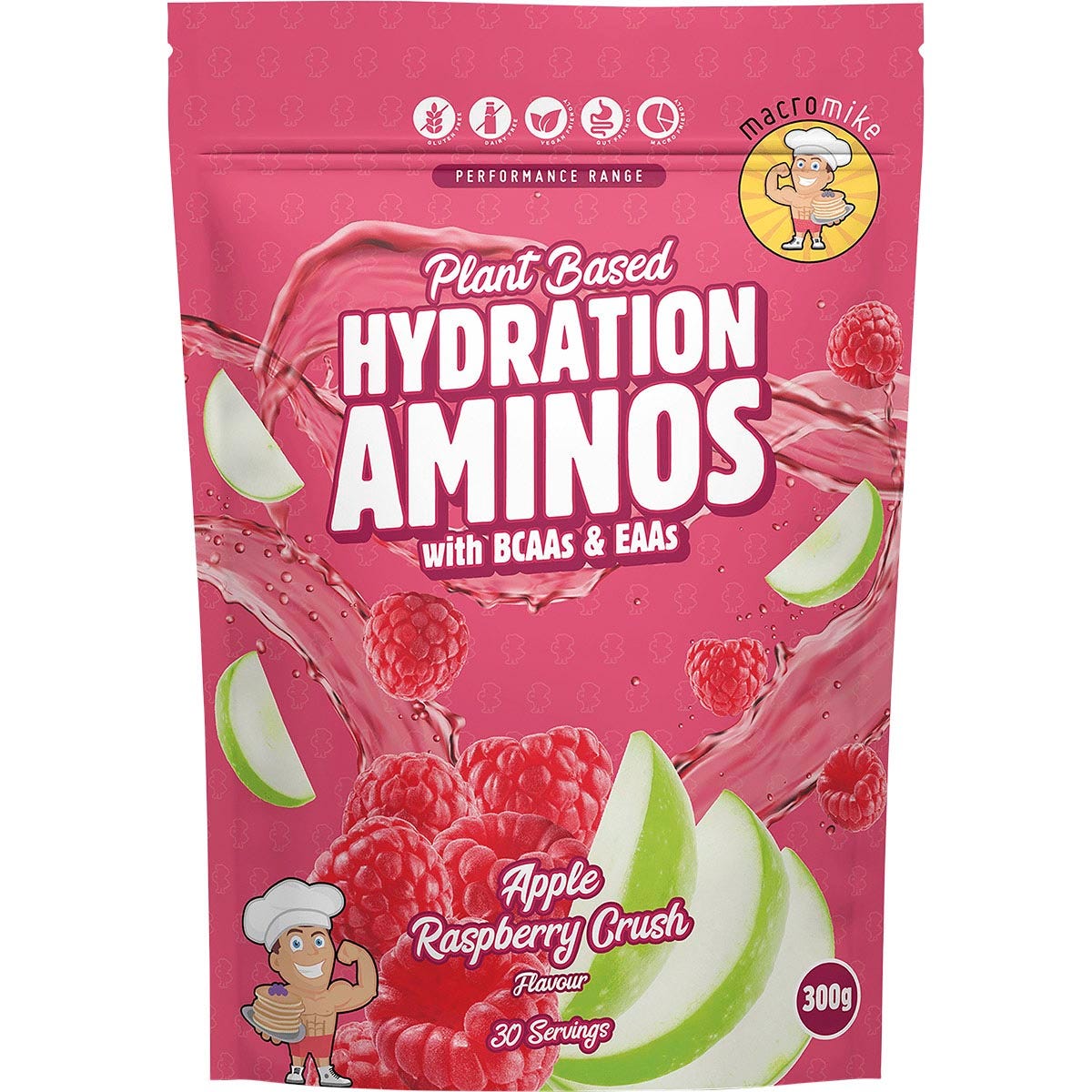300g bag of Macro Mike Apple Raspberry Crush Hydration Aminos featuring fruit illustrations on a white background.