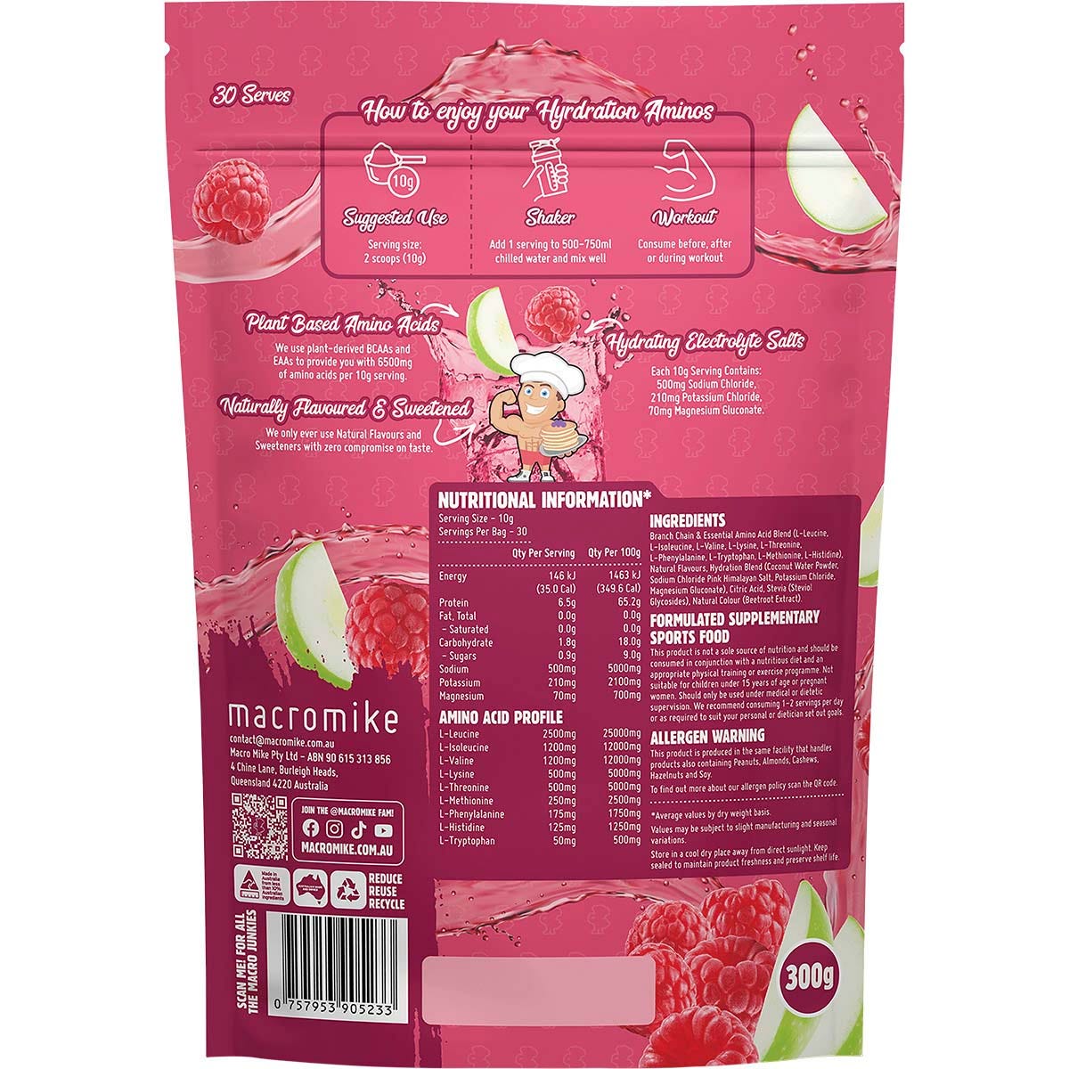 Back of Macro Mike Apple Raspberry Crush 300g bag showing nutritional information and ingredients.