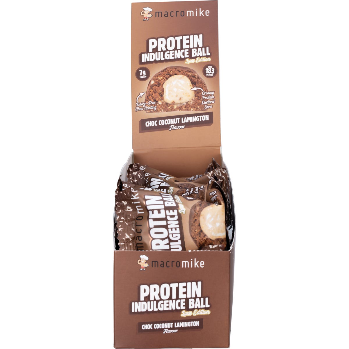 Retail display box of Macro Mike Choc Coconut Lamington Protein Indulgence Balls on a white background.
