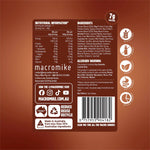 Nutrition facts and ingredients for Macro Mike Choc Coconut Lamington Protein Indulgence Ball on a white background.