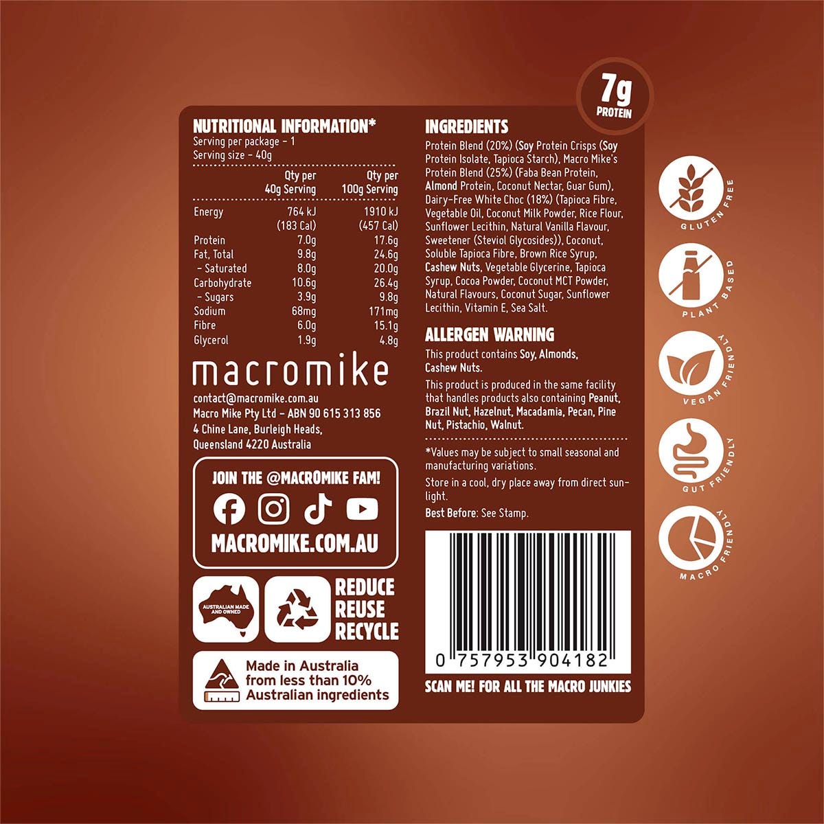 Nutrition facts and ingredients for Macro Mike Choc Coconut Lamington Protein Indulgence Ball on a white background.
