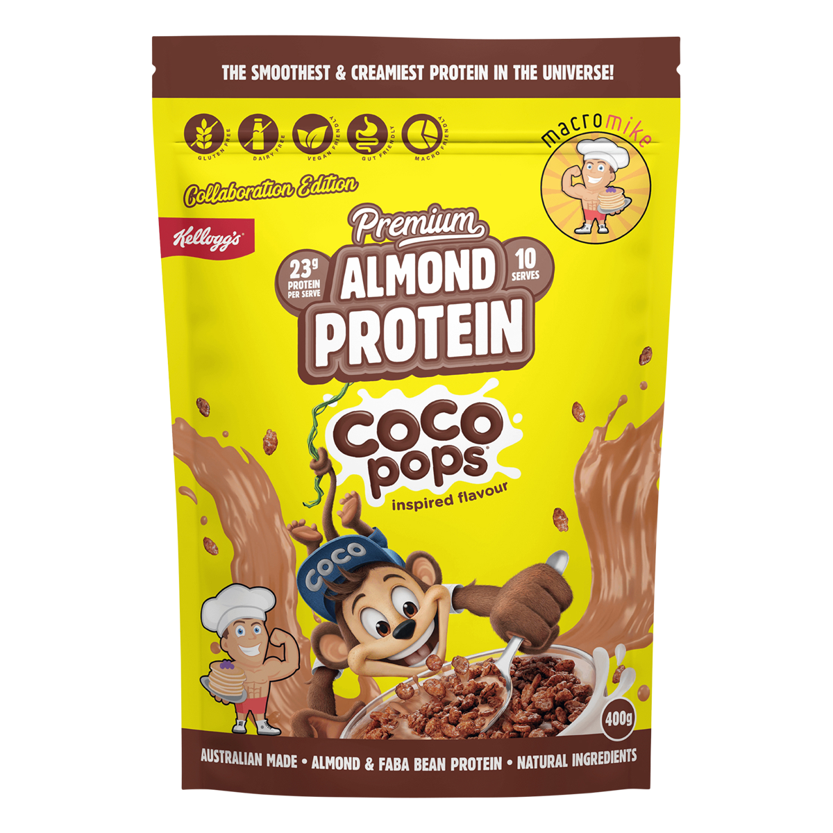 400g bag of Macro Mike x Kellogg's Coco Pops Inspired Premium Almond Protein on a white background.