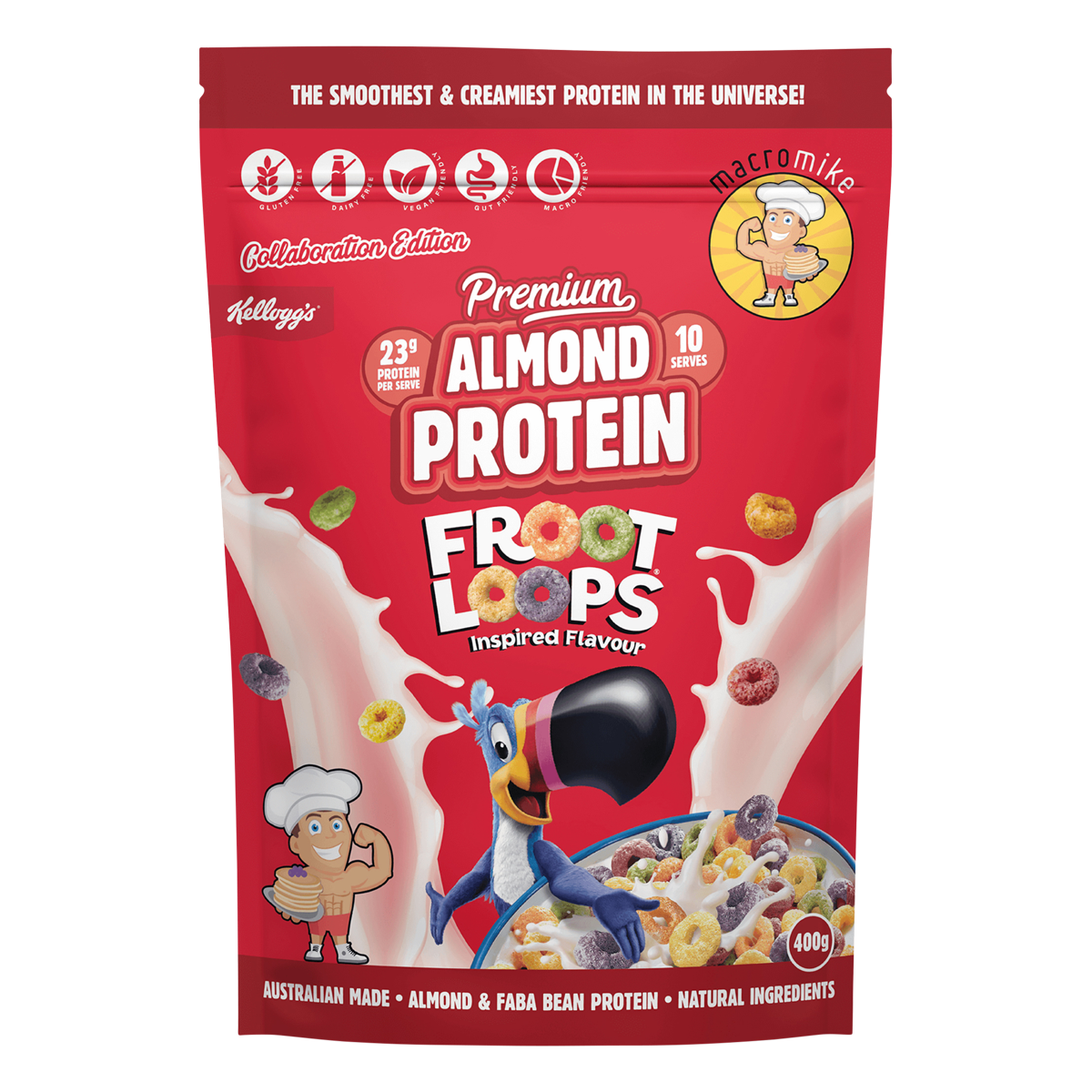 400g bag of Macro Mike x Kellogg's Froot Loops inspired Premium Almond Protein on a white background.