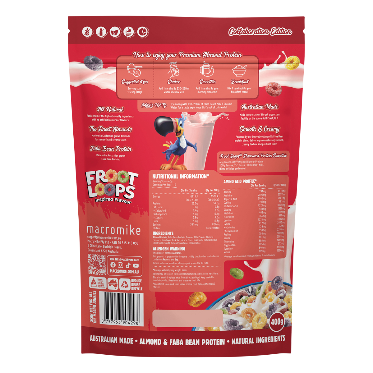Back of a 400g bag of Macro Mike x Kellogg's Froot Loops inspired Premium Almond Protein on a white background.
