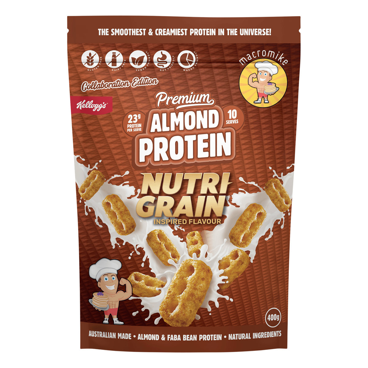 Macro Mike x Kellogg's Nutri-Grain Inspired 400g almond protein bag with malty, toasted cereal-themed branding.
