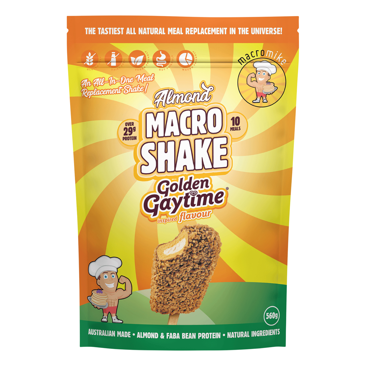 560g bag of Macro Mike Almond Macro Shake, Golden Gaytime Inspired flavor, featuring a caramel and biscuit design.