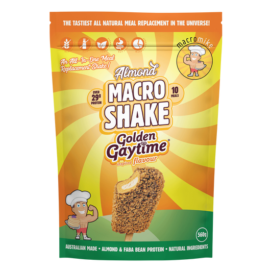 560g bag of Macro Mike Almond Macro Shake, Golden Gaytime Inspired flavor, featuring a caramel and biscuit design.