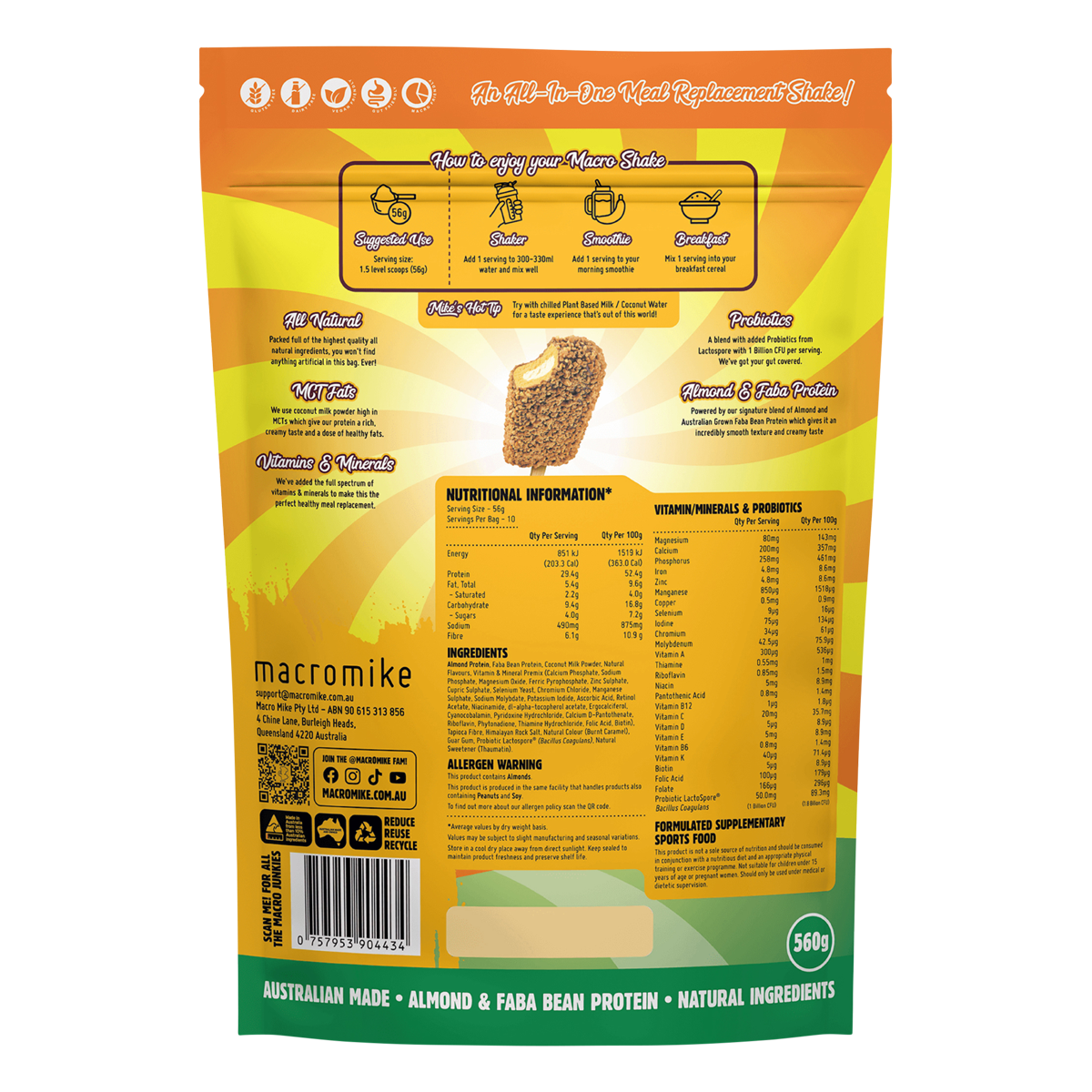 Back of a Macro Mike 560g Golden Gaytime bag showing nutrition facts, ingredients list, and barcode.