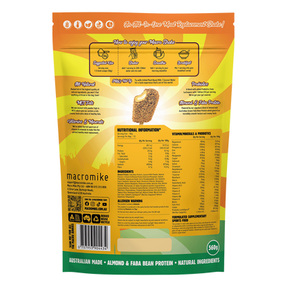 Back of a Macro Mike 560g Golden Gaytime bag showing nutrition facts, ingredients list, and barcode.