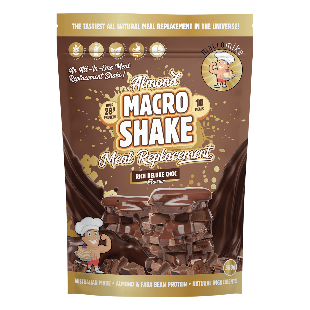 560g bag of Macro Mike Almond Macro Shake in Rich Deluxe Choc flavor with a chocolate and almond design.