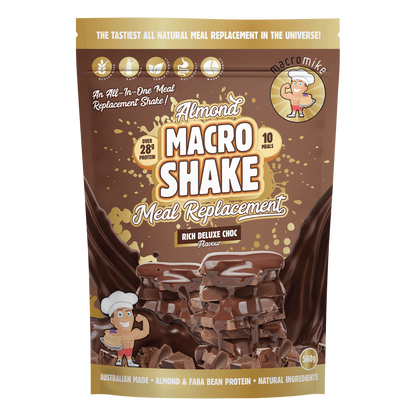 560g bag of Macro Mike Almond Macro Shake in Rich Deluxe Choc flavor with a chocolate and almond design.