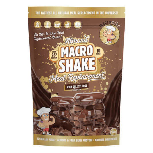 560g bag of Macro Mike Almond Macro Shake in Rich Deluxe Choc flavor with a chocolate and almond design.