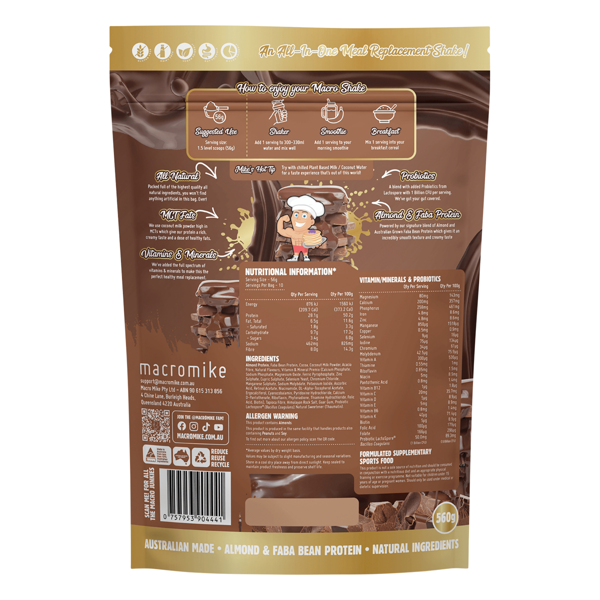 Back of Macro Mike 560g Rich Deluxe Choc bag with nutrition facts, ingredients, vitamins, and barcode.