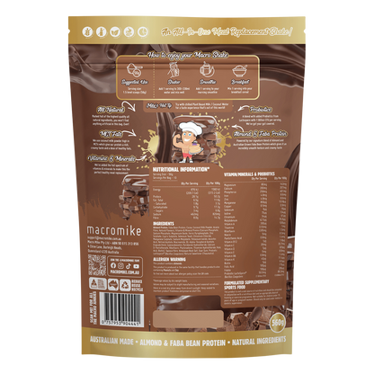 Back of Macro Mike 560g Rich Deluxe Choc bag with nutrition facts, ingredients, vitamins, and barcode.