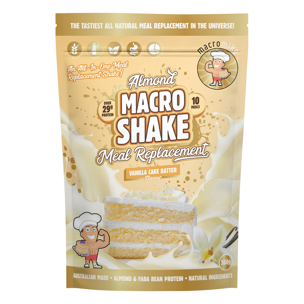Macro Mike 560g Vanilla Cake Batter Almond Macro Shake bag featuring a smooth, creamy vanilla and blue design.