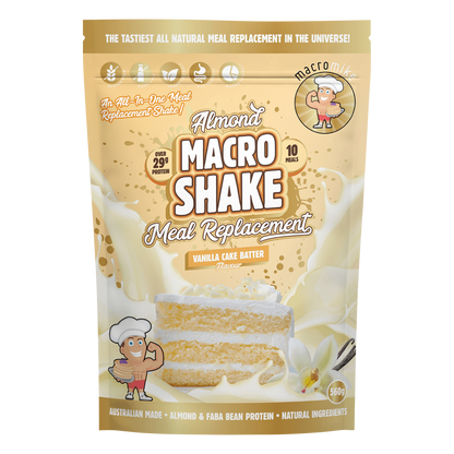 Macro Mike 560g Vanilla Cake Batter Almond Macro Shake bag featuring a smooth, creamy vanilla and blue design.