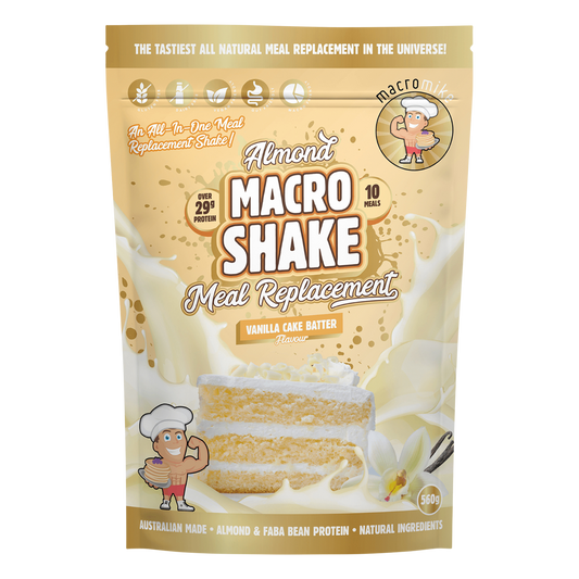 Macro Mike 560g Vanilla Cake Batter Almond Macro Shake bag featuring a smooth, creamy vanilla and blue design.