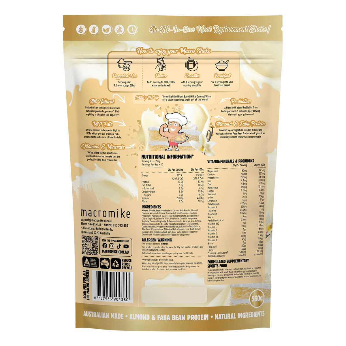 Back of Macro Mike Vanilla Cake Batter bag showing nutrition facts, ingredients, and plant-based protein benefits.