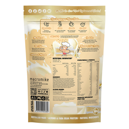 Back of Macro Mike Vanilla Cake Batter bag showing nutrition facts, ingredients, and plant-based protein benefits.