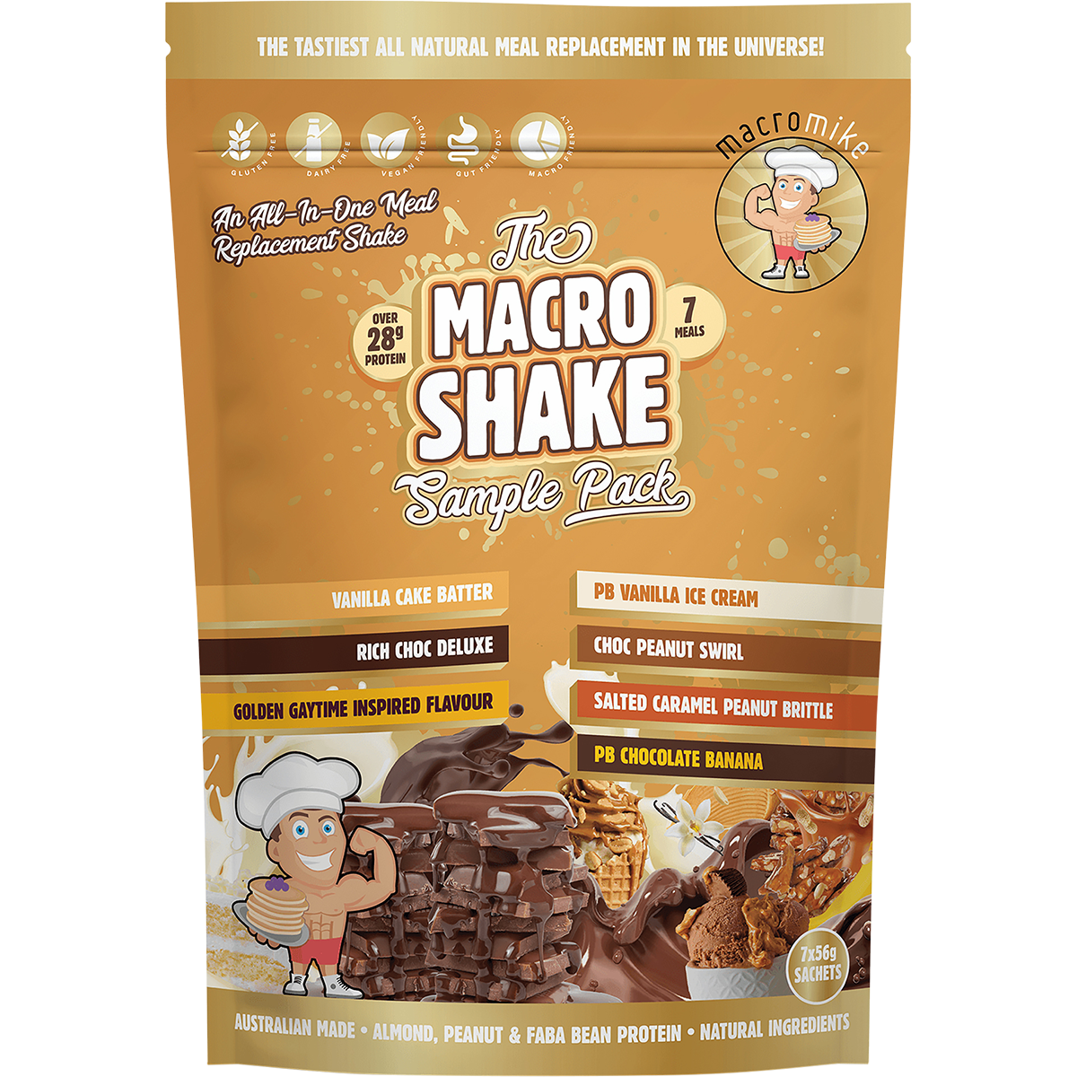 Macro Mike The Macro Shake 7-pack sample box with individual sachets on a white background.