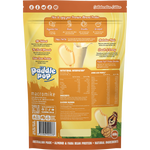 Back of a Paddle Pop macromike almond protein powder bag in a yellow and orange color scheme, featuring product information, nutritional facts, and a cartoon macromike character.