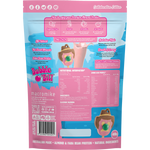 Back view of a Bubble Ball macromike premium almond protein powder bag in Celebration Edition, featuring pink and blue packaging with product details, nutritional information, and illustrations of the protein puffs.